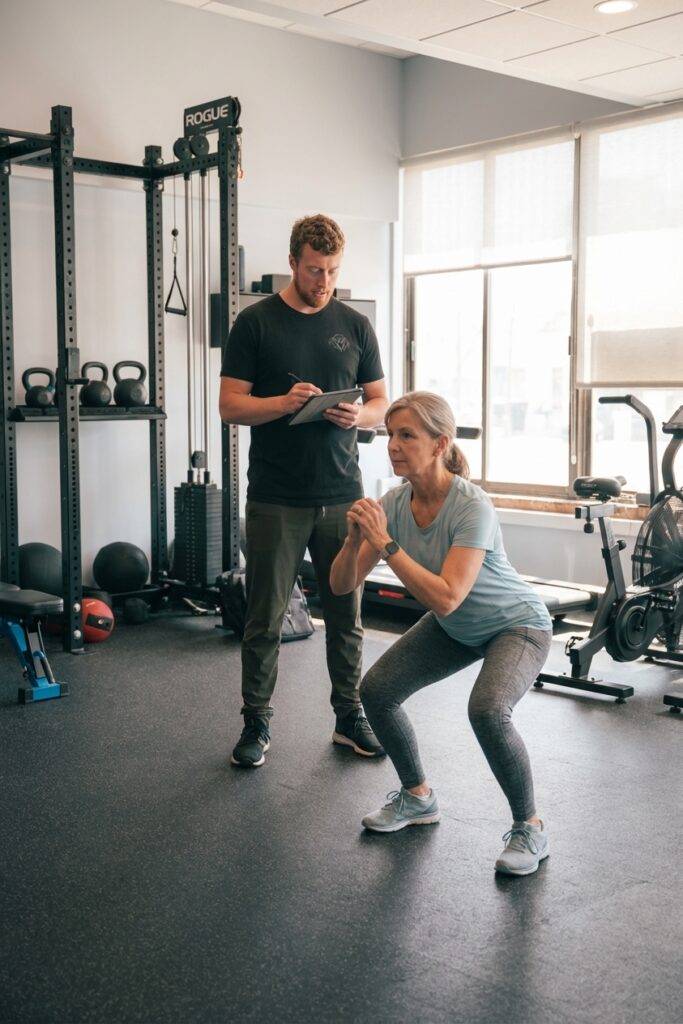  Patient working with a provider at a physical therapy clinic in Asheville, NC during a functional movement assessment