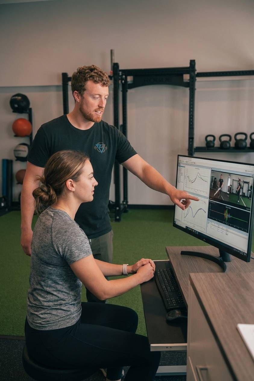 Patient working with a provider at a physical therapy clinic in Asheville, NC reviewing movement screen and return-to-sport testing results
