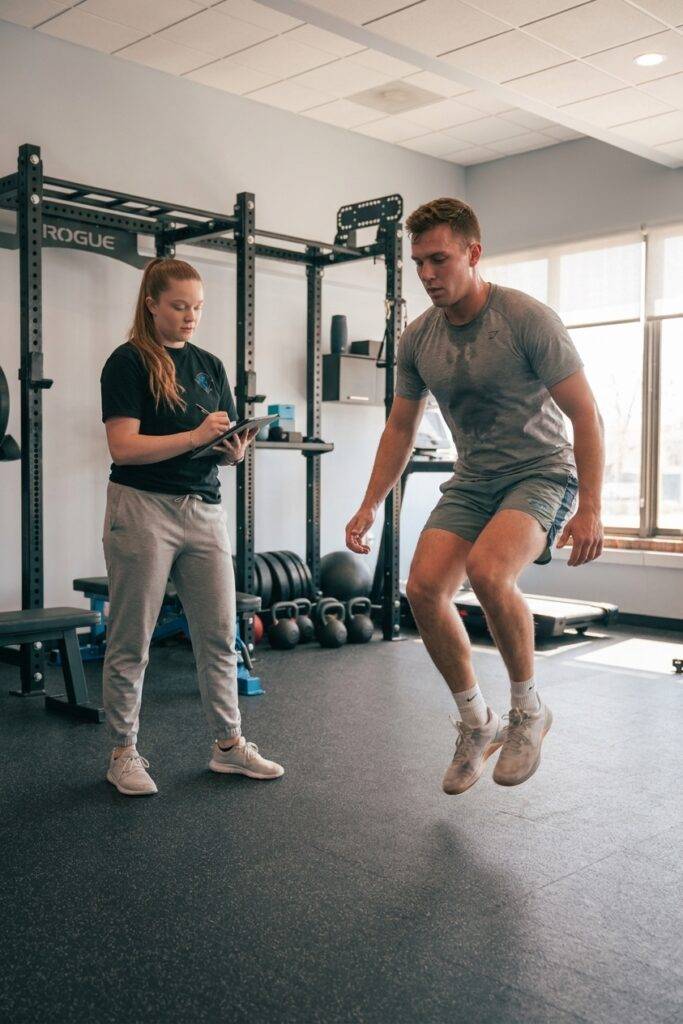Patient undergoing a functional movement assessment with a provider at a performance physical therapy clinic in Asheville, NC